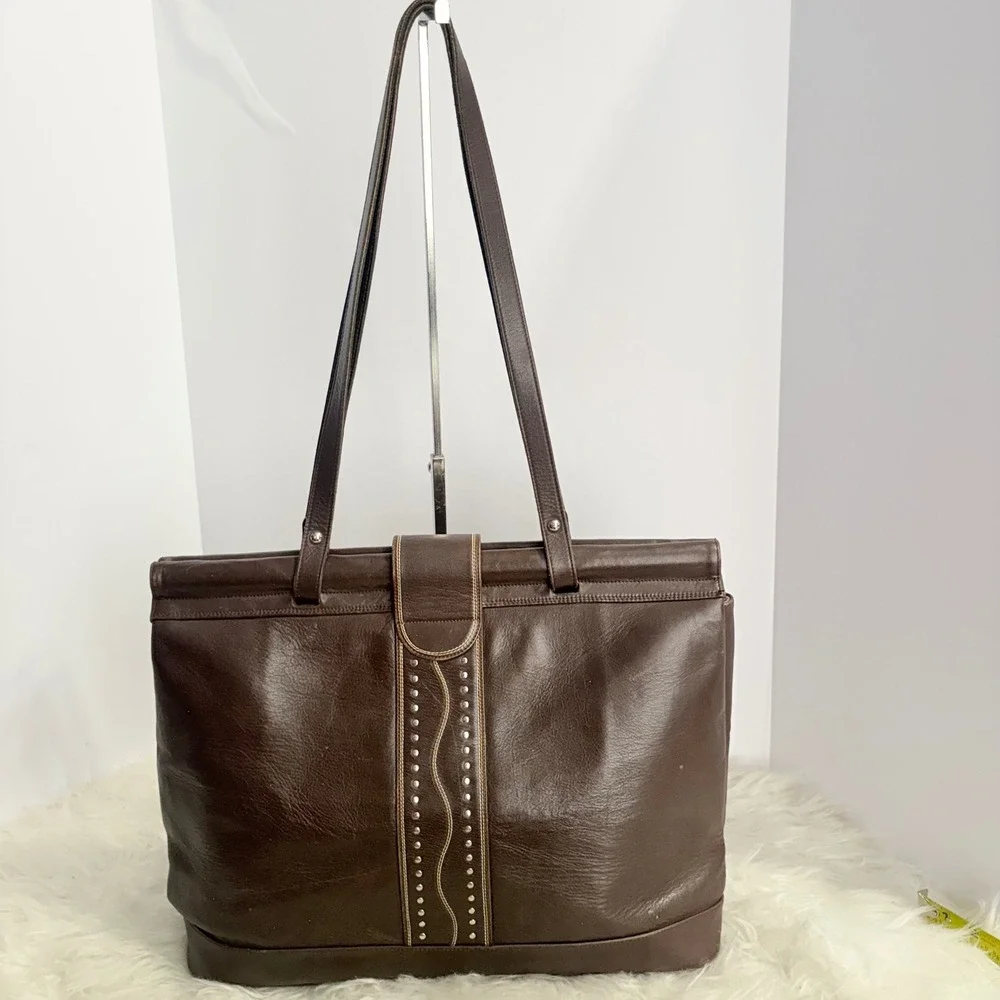 Vintage Kathi Kilburn Brown Leather Studded Tote Bag Handcrafted in Spain RARE